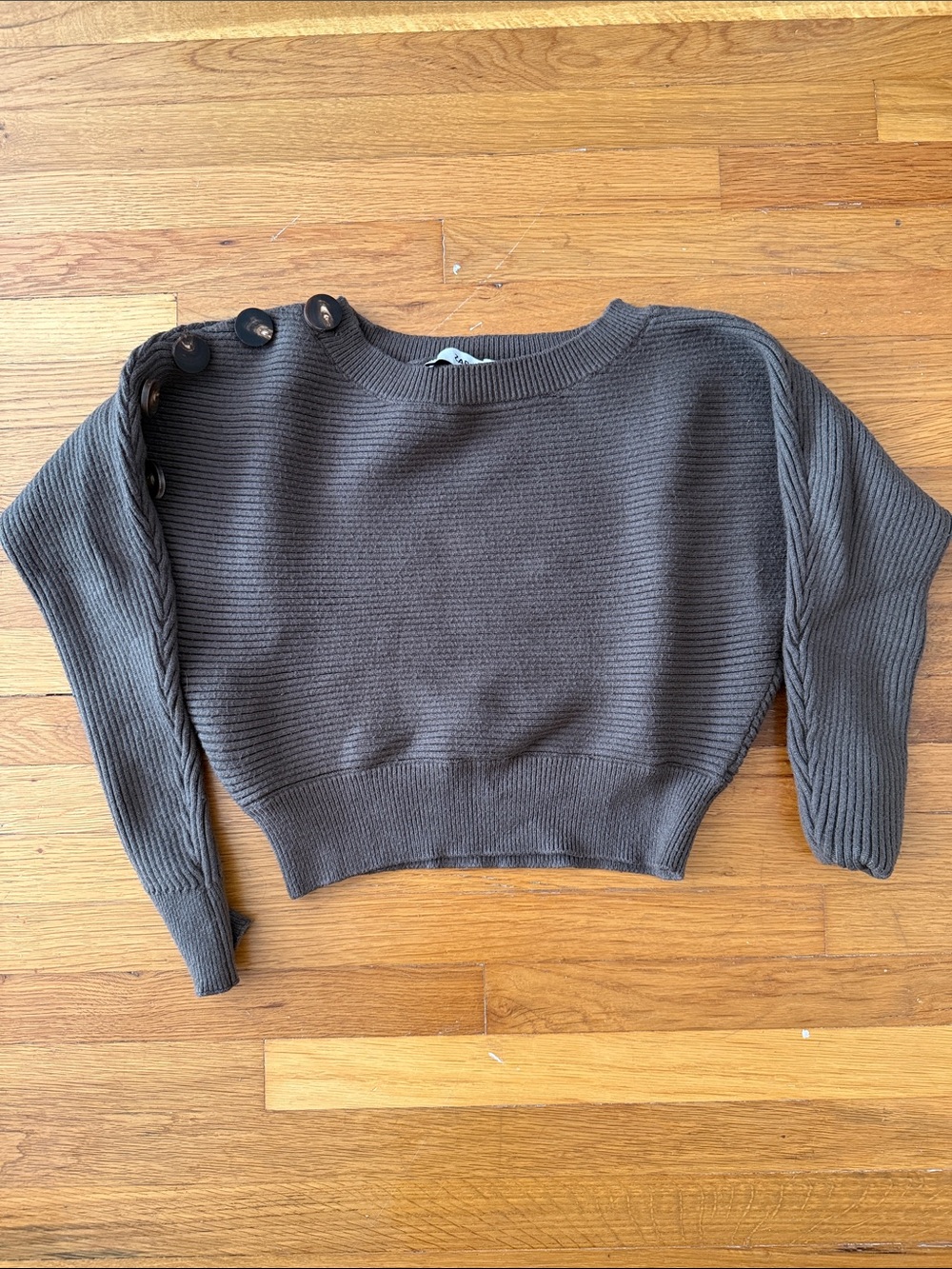 Zara Khaki Button-Shoulder Cropped Crew Sweater